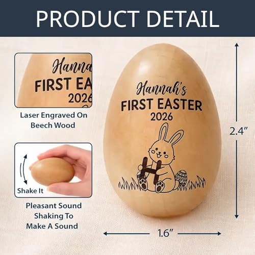 Personalized First Easter Musical Easter Egg Shaker for Babies, Bunny Laser Engraved Engraved Wooden Egg Shakers, Easter Basket Stuffer - Image 5