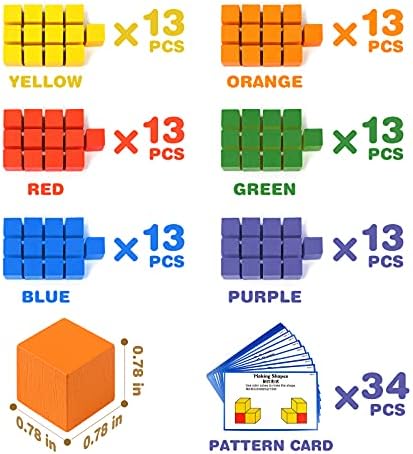 YHZAN Wooden Cube Building Blocks for Kids with Challenge Cards Shape Puzzle Math Material Assorted Colors for Preschool Classroom Supplies for Teachers Elementary Stem Toy - Image 5