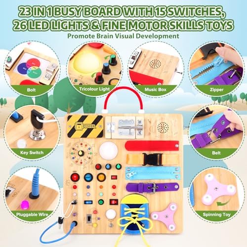 23-in-1 Montessori Busy Board with LED Lights Educational Wooden Activity Toy for Toddlers Ages 1-3, Travel Sensory Board with Switches Locks Music Box Fine Motor Skills Learning Toy for Boys Girls - Image 2