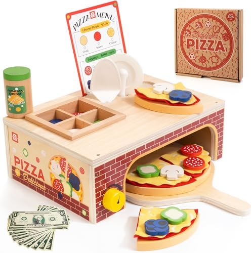 WOODMAM Wooden Pizza Toy, 48 PCS Montessori Pretend Play Food for Ages 3+ by WOODMAM