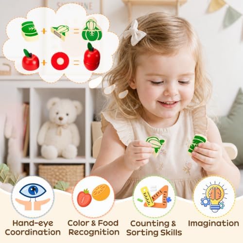 WHOHOLL 43 Pcs Wooden Play Food for Kids Play Kitchen Accessories Playset with Bucket, Pretend Cutting Food Toys for 3 4 5 6 Year Old, Vegetables Fruits Toys Birthday Gifts for Boys Girls - Image 4