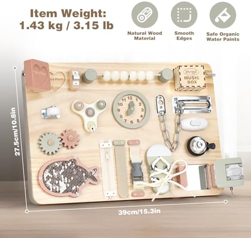 Joyreal Montessori Large Busy Board with Stand, Montessori Sensory Toys for Fine Motor Skills, Wooden Fidget Activity Board for Toddlers, Gifts for Boys Girls (Large Neutral) - Image 3