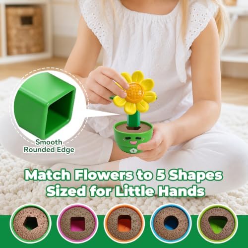 Montessori Flower Garden Building Toy for Girls & Boys, Toddler Gardening Set with 5 Shape & Number Flowers, Preschool Learning Matching & Stacking Game, Sensory Toys Gifts for 1 2 3 Year Old - Image 3