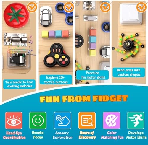 Umnodobn Montessori Busy Board for Toddlers, 11-in-1 Sensory Learning Travel-Friendly Activity Board, Fine Motor Skills Toy, Screen, Birthday Holiday Presents for Boys Girls - Image 6