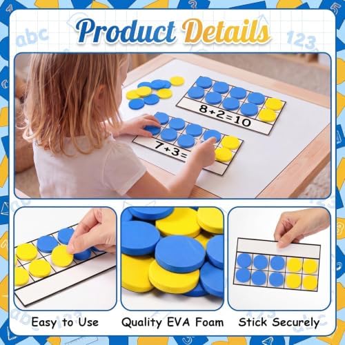 Ireer 20 Sets Bulk Magnetic Ten Frames for Classroom 200 Magnetic Math Counters and 20 Boards Kindergarten Classroom Must Haves Math Manipulatives for Home Prek Preschool Elementary(Yellow Blue) - Image 3