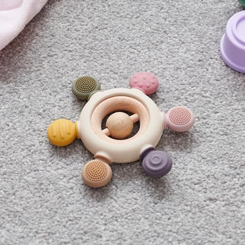 tickit Silisoft Rattle Teether | Sensory Baby Teether with Textured, Food-Grade Silicone and Natural Beechwood | Removable Wooden Rattle for Teething Relief and Development - Image 3