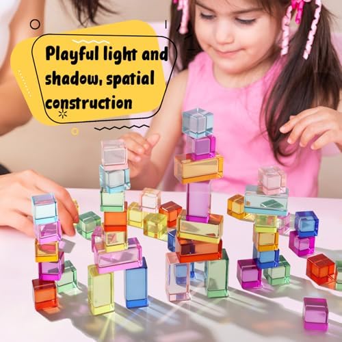 Dinhon 30 Pcs 10 Colors Long Acrylic Bricks - 2.5x2.5x5CM Rainbow Gem Rectangular Cubes, Sensory Stacking Toy for Boys and Girls, Bulk Creative Play Birthday Gift for preschoolers - Image 2