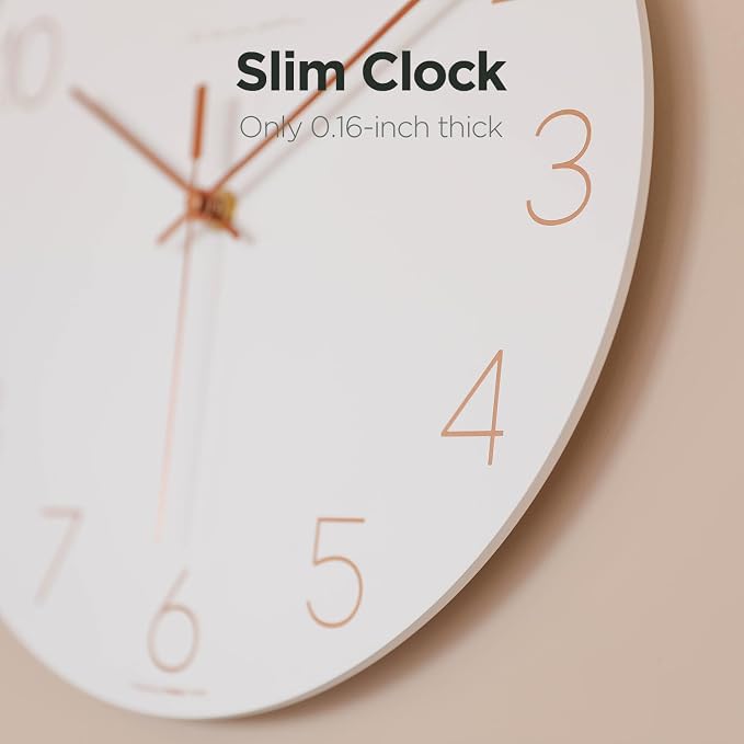 mooas Flatwood Wall Clock (Rose Gold),12" Non-Ticking Sweep Movement - Image 4