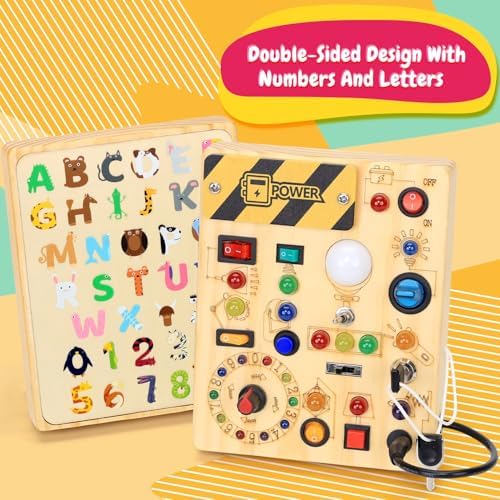 Busy Board with LED Light Switches, Montessori Toys for 1 2 3 Years Old, Toddlers Wooden Toy Sensory Activity Board, Travel Toys for 1+ Year Old Boy & Girl Birthday Gift - Image 3