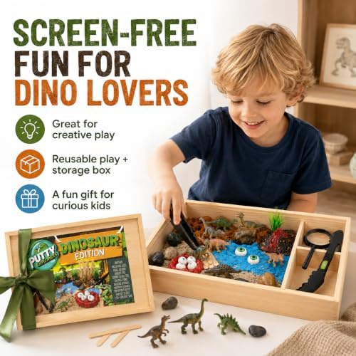 Putty Explorers Dinosaur Sensory Bin Kit for Kids Ages 4-8, Wooden Play & Storage Box with 3 Colors of Sensory Sand, Dino Figures, Eggs, Volcano & Explorer Tools, STEM Imaginative Play - Image 3