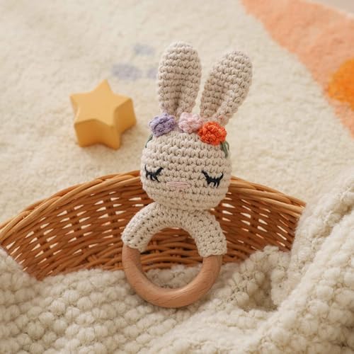 Natural Hand-Knit Wooden Baby Rattle - Soft Animal Shaped Sensory Toy for Newborns, Infants | Safe Beechwood & Crochet Texture | Perfect Baby Shower Gift - Image 3