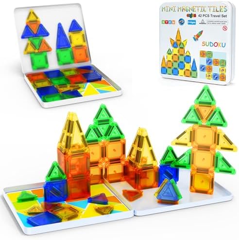 Mini Magnetic Tiles Travel Set with Case 42pcs, Mini Magnetic Blocks by Odjas
