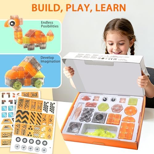 74PCS Engineering Series Magnetic Tiles, Magnetic Construction Blocks - Build Excavator, Crane & Dump Truck, STEM Toys Gift Box for Ages 3-7 Boys Girls - Image 2