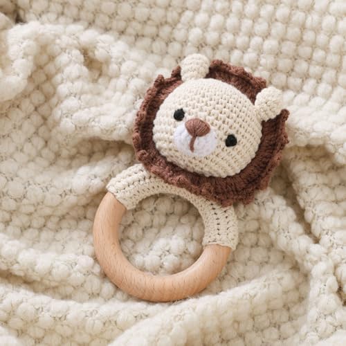 Wooden Baby Lion Rattle Toy, Newborn Animal Rattle by Chriswell