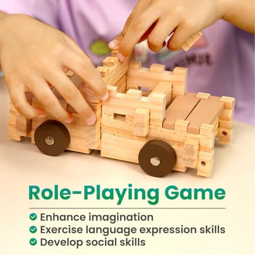 Jovi-mindly＆Notchies C117PCS Wooden Blocks Car Set Wooden Blocks with Wheels＆Vehicle Stickers|Preschool Learning Toys Wood Blocks Building for Kids Ages 3+ Creative Construction Birthday Toys Gifts - Image 5