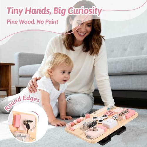 Potatomato Pink Montessori Wooden Busy Board – Sensory Toy for Toddlers – Educational Activity Board for Kids Fine Motor Skills– Travel Fidget Toy for Girls & Boys – Birthday Gift for Autism & ADHD - Image 5