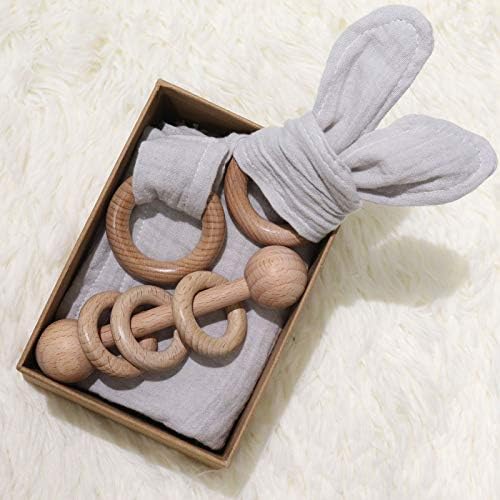 Baby Lovey, Wood Rattle, Teether Ring, 3 Pack Montessori Gift, Gray, Cotton, Double Gauze, Baby Shower, Gender Neutral Gift by TANOFAR