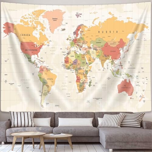 JAWO World Map Tapestry, Map of the World with Countries and Major Cities Wall Tapestries for Kids Student, World Map of the World Tapestry 60X40 Inch(Yellow) - Image 2
