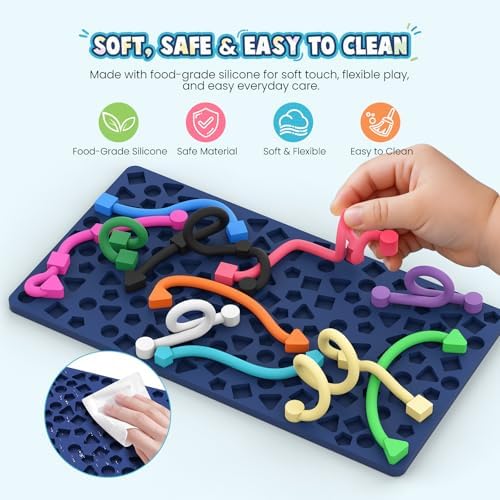 Sensory Activity Board: Ednzion Silicone Fidget Toy for Kids & Adults | Silent, No Mess, Calming for Anxiety, ADHD & Autism | Quiet Montessori Travel Toy with 12 Bendable Strings | Ages 3+ - Image 3