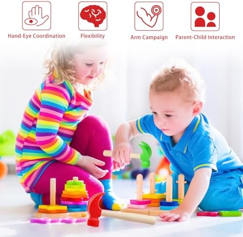 Fowecelt 2 Pack Wooden Hammer Toys Simulation Hammers Maintenance Tools Educational Toys for Kids Birthday Party Games Supplies(Red & Green) - Image 4