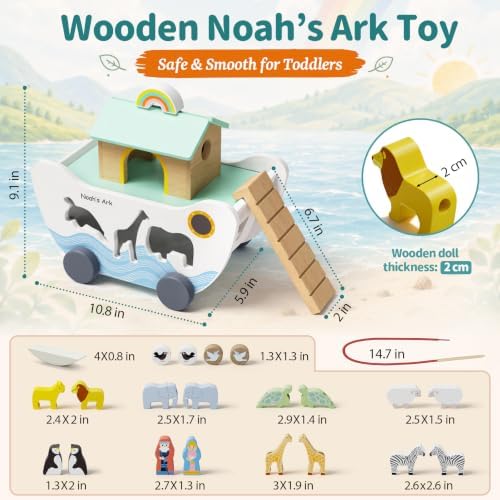 Wooden Noah's Ark Toy for Baby Boy and Girl Gift - Pull Along Toddler Montessori Educational Toy with Animal Shape Sorter Stacker for 18m+ Christmas Birthday Preschool Baptism Gift - Image 3