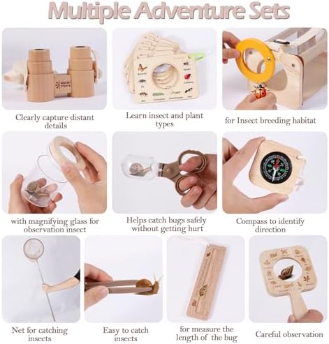 Bug Catcher Kit for Kids,11 PCS Wooden Bug Catching Kit with Butterfly Net,Magnifying Glass,Bug Habitat,Binoculars,Compass,Kids Explorer Kit for Backyard & Camping,Fun Gift for Girls Boys (11PCS) - Image 4