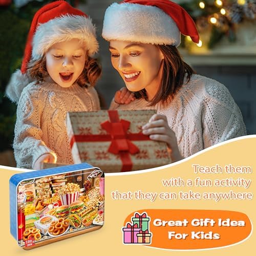 LELEMON Puzzles for Kids Ages 4-6,Hamburger Foods 100 Piece Puzzles for Kids Ages 4-8 in a Metal Box, Educational Jigsaw Puzzles 100 Piece Puzzle Games Puzzle Toys for Girls and Boys - Image 6