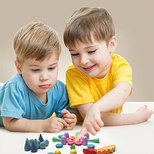MIKNEKE 162 Wooden Loose Parts Sensory Bin Filler, Mandala Rainbow Stacker Open Ended Toy, 27 Colors Sensory Training Educational Set - Image 6