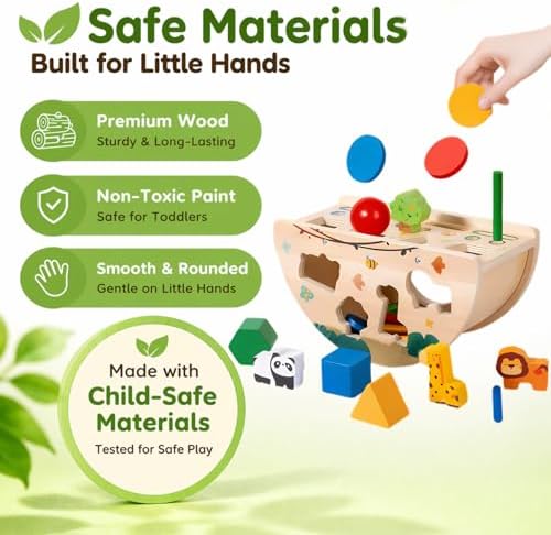 Montessori Busy Box for Toddlers 1-3, Wooden Object Permanence Coin Box with Shape Sorter & Animal Matching, Fine Motor Sensory Learning Toy with Wobble Base, Gift for 1 2 3 Year Old - Image 5