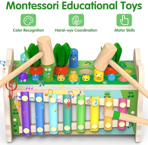 6-in-1 Wooden Montessori Toys for 1 2 3 Year Old, Mole-Tapping Game - Image 4