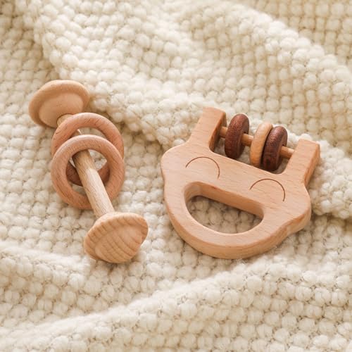 Wooden Baby Rattle, Newborn Wooden Rattle Toy, Natural Wooden Montessori Baby Grip Toy, Baby Gift Toy, Wooden Rattle Set 2PCS by Chriswell