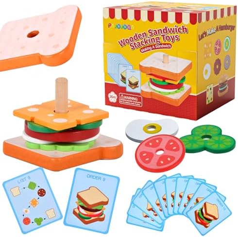 Pajojoqa Wooden Sandwich Stacking Toys, Montessori Toys for Toddlers Kitchen Play Food Educational Preschool Learning Toys Christmas Birthday Gift Kids Toys for Boys Girls 3 4 5 Years Old (Sandwich) by PajojoqaToyPlay