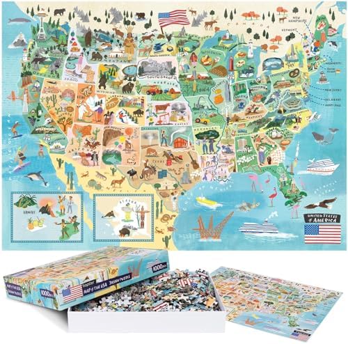 bopster 1000-Piece USA Map Jigsaw Puzzle for Kids, Teens & Adults | Detailed United States Landmarks Puzzle | Recycled Cardboard | Giftable Family Activity by bopster