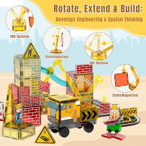 Magnetic Tiles for Kids Ages 4-8 Construction Toys with Crane Marble Run - Image 3