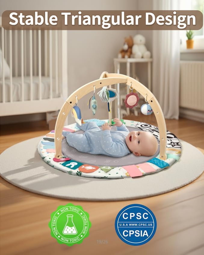 Baby Play Gym Mat with 5 Development Zones, Montessori Tummy Time Mat with 6 Detachable Sensory Toys for Motor Skills Development, Newborn Activity Gym for Babies, Easy Clean, Baby Essentials Gift - Image 6