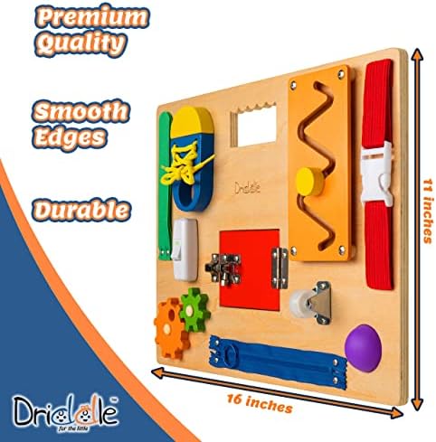 Driddle Busy Board - Wooden Montessori Activity Board for Toddlers & Kids - 12 Educational Sensory Toys to Learn Basic Life Skills & Develop Fine Motor Skills + Baby Mirror - Image 5