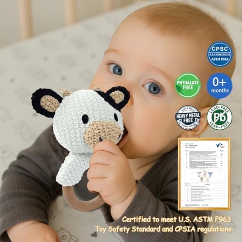 Cow Baby Rattle Sensory Toy Knitted Plush Stuffed Animal Teether Wood Ring Visual Tracking Auditory Development Shaker for Infants 3-9 Months Baby Birthday Shower Gift Infant Toys Gift - Image 2
