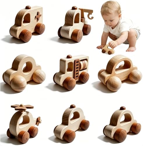 8 Pack Wooden Toy Cars for Toddlers 1-3, Montessori Push Pull Baby Toys, FSC Natural Wood Vehicles Set, Gift for 1 2 3 Year Old Boys Girls by Unknown