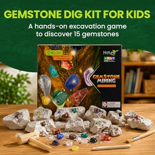 Nature Gear Gemstone Dig Kit for Kids, Educational Crystal Excavation Kit with 15 Mystery Gems, Interactive Adventure Fossil Mining Toy for Kids Age 3-5 and Up - Image 3