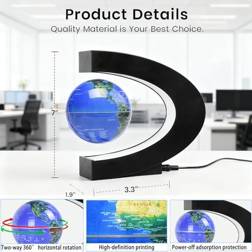 Magnetic Levitation Floating Rotating World Globe with LED Light - C Shape Anti Gravity Levitating Globe for Desk Office Decor, STEM Educational Map, Unique Tech Gift for Men Kids Boss, 3.5 Inches - Image 6