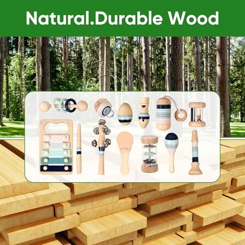 12 PCS Wooden Baby Musical Instruments Set, Montessori Style Sensory Percussion Toys for 0-3 Years, Neutral Boho Shakers & Rattles, Non-Toxic Natural Wood Early Learning Gift for Infant Boys Girls - Image 4