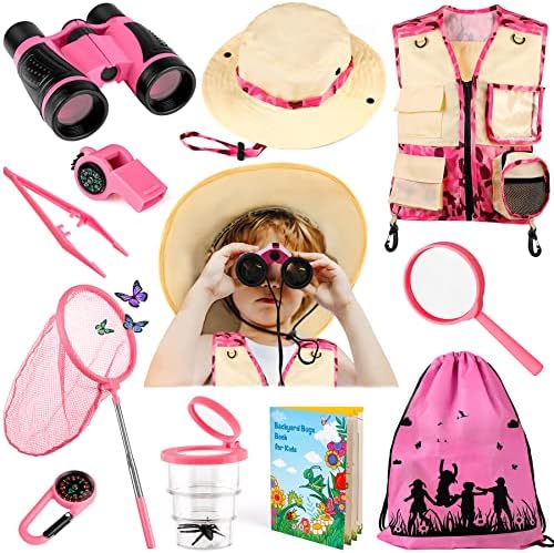 INNOCHEER Kids Explorer Kit & Bug Catcher Kit & Safari Costume Kit, Outdoor Exploration Set with Hat, Vest, Butterfly Net and Bugs Book for Boys Girls 3-12 Years Old (Camouflage Pink) by INNOCHEER