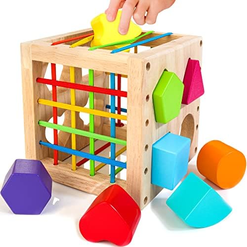 HELLOWOOD Wooden Shape Sorter Cube, Montessori Toys for 1+ Year Old by HELLOWOOD