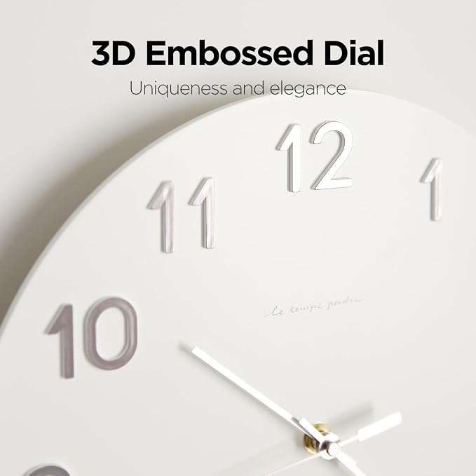 mooas 3D Numbers Modern Wall Clock, 12" Battery Operated, Analog (Cream) - Image 3