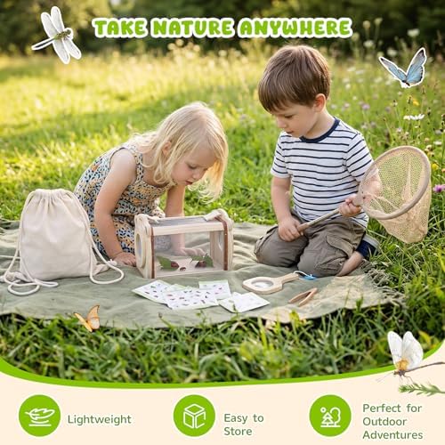 GAGAKU Wooden Bug Catcher Kit for Kids 4-8, 9PCS Outdoor Nature Exploration Set with Expandable Butterfly Net, Magnifying Glass, STEM Learning Game Cards, Educational Catching Toy for Backyard Camping - Image 6