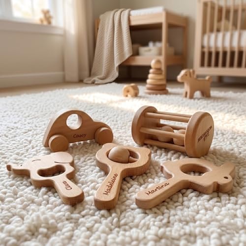 Personalized 5 Pieces Wooden Baby Toys 0-6 Months, Customized Teething Toys Baby Rattles 0-6 Months, Wood Teething Toys Gifts for Baby, Customizable Montessori Wooden Toys for Babies 5 Pieces - Image 5