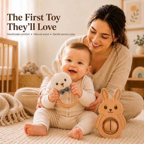 Baby Rattle Toys, Handcrafted Crochet & Wooden Bunny Rattle Set, Natural Beechwood Grasping Ring, Newborn Toy Gift, Baby Shower & Announcement Gift Ideas - Image 2