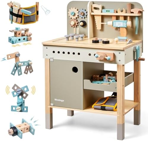 medoga Kids Tool Bench,Wooden Play Tools Set with Kids Tool Belt Workbench Pretend Construction Tools Set Wooden Toy Drill Gift for Boys & Girls Age 3-12 by medoga