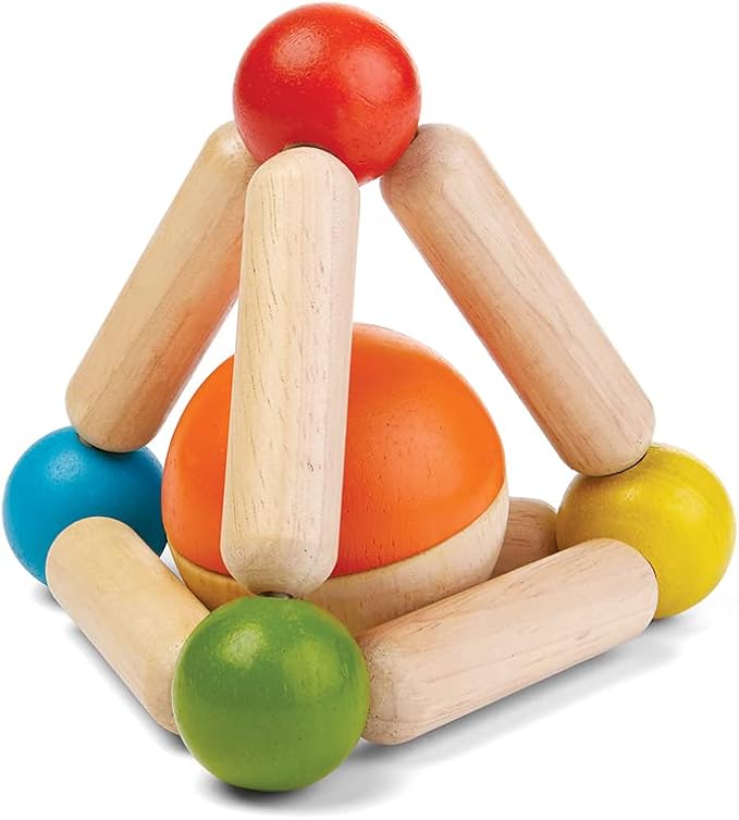 PlanToys Wooden Clutching Triangle Baby Toy with Gentle Sound in Two-Toned Ball (5244) | Sustainably Made from Rubberwood and Non-Toxic Paints and Dyes