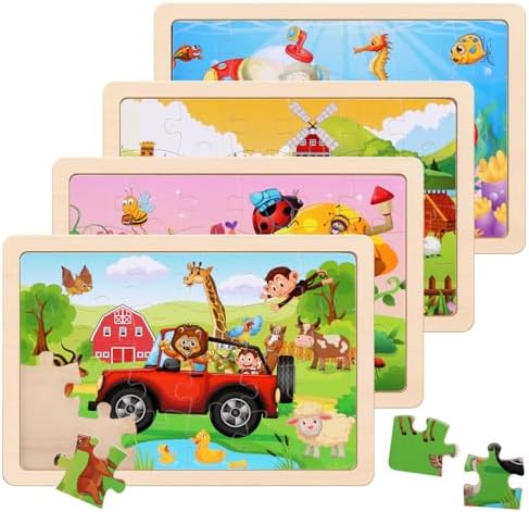 Wooden Puzzles Toys for Kids Ages 3-5, Set of 4 Packs with 20-Piece Farm, Animals Theme Wood Jigsaw Puzzles, Preschool Educational Brain Teaser Toys for Boys and Girls 3-6 Years Old. by NASHRIO